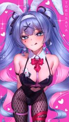 Rule 34 | 1girl, :p, absurdres, ahoge, animal ears, arms behind back, artist name, bare shoulders, black leotard, blue eyes, blue hair, blush, card, clothing cutout, commentary, detached collar, fake animal ears, hair ornament, hatsune miku, heart, heart-shaped pupils, heart cutout, highres, leotard, looking at viewer, pantyhose, pink pupils, playboy bunny, playing card, pole, pure pure (rabbit hole), rabbit ears, rabbit hole (vocaloid), solo, stomach cutout, stripper pole, symbol-shaped pupils, teardrop facial mark, thigh strap, tongue, tongue out, torusava, twintails, vocaloid, x hair ornament