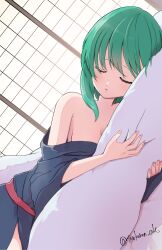 Rule 34 | 1girl, absurdres, alternate costume, blue kimono, blush, breasts, cleavage, closed eyes, commentary request, cowboy shot, dutch angle, fingernails, green hair, highres, japanese clothes, kimono, medium hair, hugging object, off shoulder, open mouth, pillow, pillow hug, shiki eiki, shouji, shouko (airen), signature, sleeping, sliding doors, small breasts, solo, touhou