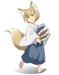 Rule 34 | 1other, :3, androgynous, animal ears, blue hakama, book, commentary request, fox ears, fox tail, full body, hakama, hakama pants, holding, holding book, japanese clothes, kimono, koma midori, light brown hair, pants, sandals, simple background, tail, touhou, white background, white kimono, yellow eyes, youkai fox (forbidden scrollery)