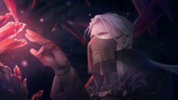 Rule 34 | 1boy, blurry, blurry background, cave, crystal, gloves, glowing, killingrock, long sleeves, male focus, oi (pfsoz), pixiv fantasia, pixiv fantasia scepter of zeraldia, red eyes, stitches, upper body, veil, white hair