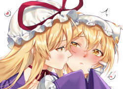 Rule 34 | 2girls, ^^^, blonde hair, blush, choker, closed mouth, commentary request, gloves, hand on another&#039;s cheek, hand on another&#039;s face, hat, hat ribbon, heart, kirisita, kiss, kissing cheek, long hair, looking at another, mob cap, multiple girls, portrait, red ribbon, ribbon, ribbon choker, simple background, touhou, white background, white gloves, white hat, yakumo ran, yakumo yukari, yellow eyes, yuri