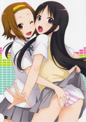 Rule 34 | 00s, 2girls, :o, ;d, absurdres, akiyama mio, ass, ass grab, assisted exposure, black eyes, black hair, blush, brown eyes, brown hair, clothes lift, grabbing another&#039;s ass, groping, ha-ru, hairband, hand in panties, highres, k-on!, long hair, looking at viewer, looking back, multiple girls, one eye closed, open mouth, panties, pleated skirt, ribbon, round teeth, sakuragaoka high school uniform, school uniform, skirt, skirt lift, smile, standing, striped clothes, striped panties, sweat, sweater vest, tainaka ritsu, teeth, underwear, wink, yuri