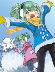 Rule 34 | 1boy, 1girl, absurdres, arms up, artist request, blush, brother and sister, green hair, happy, heart, highres, jacket, long hair, lua (yu-gi-oh!), luca (yu-gi-oh!), open mouth, ponytail, siblings, snow, snowman, trap, twintails, winter clothes, yellow eyes, yu-gi-oh!, yu-gi-oh! 5d&#039;s