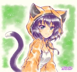 Rule 34 | 1girl, animal hood, artist name, breasts, brown hair, cat hood, cat tail, cleavage, closed mouth, commentary, dark-skinned female, dark skin, dated, drawstring, fake tail, girls und panzer, green background, green eyes, halloween costume, hood, hood up, hoodie, hoshino (girls und panzer), jacket, kuromori yako, light particles, long sleeves, looking at viewer, medium breasts, one-hour drawing challenge, open clothes, open jacket, orange jacket, shirt, short hair, smile, solo, tail, white shirt