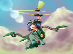 Rule 34 | 1girl, backpack, bag, blue eyes, blue hair, dual wielding, finger on trigger, flying, gun, hair bobbles, hair ornament, handgun, hat, highres, holding, kawashiro nitori, key, matching hair/eyes, mechanical arms, motion blur, open mouth, pistol, propeller, ryuu (multitask), short hair, solo, touhou, twintails, two side up, weapon