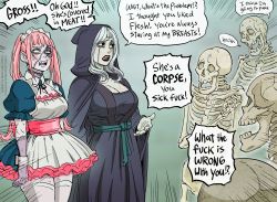 Rule 34 | 2girls, alice (baalbuddy), apron, bb (baalbuddy), belt, blunt bangs, breasts, cape, cleavage, colorized, english text, highres, himerosy, hood, hood up, hooded cape, large breasts, lipstick, long hair, maid, maid apron, maid headdress, makeup, monochrome, multiple girls, necromancer, necromancer (bb (baalbuddy)), original, pink hair, resolution mismatch, saliva, sash, skeleton, source smaller, taur, undead, white hair, zombie, zombie girl
