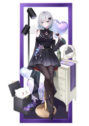 Rule 34 | 1girl, absurdres, bare shoulders, black pantyhose, black ribbon, blue eyes, blunt bangs, cup, detached sleeves, dress, flower, flower ornament, gradient dress, grey hair, hair between eyes, hair ornament, hair ribbon, hairclip, high heels, highres, holding, holding cup, horo 27, kaga sumire, lace, lace-trimmed dress, lace trim, long sleeves, looking at viewer, lupinus virtual games, pantyhose, ribbon, short dress, short hair, sitting, solo, virtual youtuber, vspo!