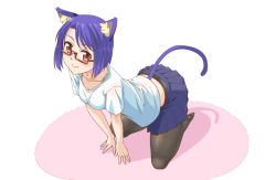 Rule 34 | 1girl, animal ears, arm support, black pantyhose, blue hair, blue skirt, blush, bra, bra visible through clothes, cat ears, cat girl, cat tail, character request, closed mouth, collarbone, commentary request, full body, glasses, kneeling, light blush, looking at viewer, orange eyes, original, pantyhose, pleated skirt, red-framed eyewear, red eyes, semi-rimless eyewear, shimotsuki iko, short sleeves, skirt, smile, solo, tail, under-rim eyewear, underwear, white background