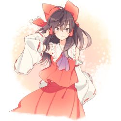 Rule 34 | 1girl, :&gt;, arm at side, arm up, armpit peek, armpits, ascot, bare shoulders, bow, brown eyes, brown hair, collar, commentary request, detached sleeves, frilled bow, frilled collar, frills, hair bow, hair tubes, hakurei reimu, long hair, long skirt, looking at viewer, nakatani, purple ascot, red bow, red shirt, red skirt, ribbon-trimmed sleeves, ribbon trim, shirt, simple background, skirt, solo, touhou, white sleeves, wide sleeves