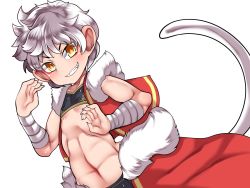 Rule 34 | 1girl, abs, character request, doku corne, dutch angle, female focus, flat chest, grin, highres, monkey girl, monkey tail, muscular, navel, short hair, silver hair, simple background, smile, solo, tail, vest, white background