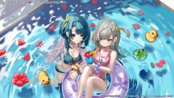 Rule 34 | 2girls, ahoge, aizawa kazuha, assault lily, asymmetrical hair, bare arms, bare legs, bare shoulders, bikini, blue bikini, blue eyes, blue hair, blush, bow, bow hairband, bracelet, breasts, cherry, cleavage, closed mouth, cocktail, collarbone, commentary request, cross-laced bikini, cross-laced clothes, cup, day, drinking glass, flat chest, floral print, flower, flower on liquid, food, from above, front-tie bikini top, front-tie top, fruit, green bow, green hairband, grey hair, hair between eyes, hair bobbles, hair bow, hair ornament, hairband, hand up, highres, holding, holding cup, holding hands, innertube, interlocked fingers, jewelry, knees up, long hair, long sleeves, looking at another, looking to the side, medium breasts, medium hair, multicolored hair, multiple girls, name tag, necklace, official alternate costume, official alternate hairstyle, official art, one-piece swimsuit, one side up, orange (fruit), orange slice, outdoors, parted lips, pendant, petals, petals on liquid, pink one-piece swimsuit, pool, print bikini, reclining, red flower, rubber duck, sasaki ran, school swimsuit, see-through, shino (eefy), sideways glance, smile, sparkle, standing, streaked hair, swim ring, swimsuit, swimsuit cover-up, tree shade, wading, water, wristband, yellow eyes