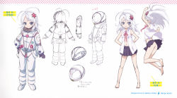 Rule 34 | 10s, 1girl, absurdres, antenna hair, arm up, armpits, arms behind back, ass, bare legs, barefoot, blouse, blue eyes, braid, character sheet, denpa onna to seishun otoko, feet, floating hair, from behind, full body, hair ornament, hand on own hip, helmet, highres, hoshimiya yashiro, legs, looking at viewer, miniskirt, multiple views, navel, no panties, official art, open clothes, open shirt, pleated skirt, ribbon, scan, shirt, simple background, skirt, sleeveless, sleeveless shirt, smile, spacesuit, standing, thighs, toes, upskirt, white background, white hair, white shirt