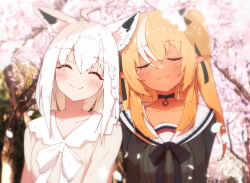 Rule 34 | 2girls, absurdres, ahoge, animal ear fluff, animal ears, black choker, black jacket, black ribbon, blonde hair, blush, braid, breasts, cherry blossoms, choker, closed eyes, closed mouth, collarbone, dark-skinned female, dark elf, dark skin, dress, elf, fox ears, fox girl, grey dress, hair between eyes, hair ribbon, highres, hololive, jacket, jewelry, long hair, long sleeves, looking at viewer, multicolored hair, multiple girls, neck ribbon, outdoors, pendant, pendant choker, pinstripe dress, pinstripe pattern, pointy ears, ribbon, sailor collar, sailor dress, sen (sen42724788), shirakami fubuki, shirakami fubuki (street), shiranui flare, shiranui flare (street), shirt, sidelocks, single braid, small breasts, smile, streaked hair, striped clothes, striped dress, twintails, vertical-striped clothes, vertical-striped dress, virtual youtuber, white hair, white ribbon, white sailor collar, white shirt