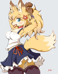 Rule 34 | 1girl, adjusting hair, animal ears, ass, blonde hair, blue eyes, bracelet, choker, closed mouth, flower, fox, fox ears, fox girl, fox tail, furry, furry female, hair flower, hair ornament, hair tie in mouth, jewelry, looking at viewer, moriguru77, mouth hold, nipples, original, ponytail, simple background, skirt, solo, standing, tail, tank top, thighhighs, thong, tying hair, upskirt, white background