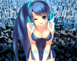 Rule 34 | 1girl, ;d, blue dress, blue eyes, blue hair, breasts, cleavage, collarbone, cowboy shot, dress, gloves, headphones, large breasts, leaning forward, long hair, looking at viewer, matching hair/eyes, one eye closed, open mouth, ponytail, round teeth, shirahane nao, side ponytail, sleeveless, smile, solo, teeth, very long hair, wink