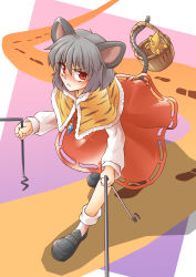 Rule 34 | 1girl, :&lt;, absurdres, alternate color, animal ears, basket, blush, female focus, grey hair, highres, ken tatsuki, mouse (animal), mouse ears, mouse tail, nazrin, okkiiwanko, red eyes, short hair, solo, tail, touhou