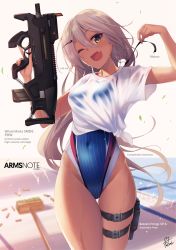 Rule 34 | 1girl, ;d, arms note, blurry, breasts, brown eyes, bullet casing, bullpup, competition swimsuit, covered navel, depth of field, fang, fukai ryosuke, grey hair, gun, hair ornament, hair ribbon, hairclip, highleg, highleg swimsuit, holster, long hair, looking at viewer, machine gun, one-piece swimsuit, one eye closed, open mouth, original, personal defense weapon, ribbon, see-through, shirt, small breasts, smile, solo, submachine gun, swimming club kouhai (fukai ryousuke), swimsuit, swimsuit under clothes, thigh gap, thigh holster, thigh strap, tied shirt, trigger discipline, untying, very long hair, weapon, wet