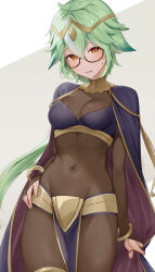 Rule 34 | 1girl, animal ears, bodystocking, breasts, bridal gauntlets, commentary request, cosplay, covered navel, cowboy shot, dark mage (fire emblem awakening), fire emblem, fire emblem awakening, genshin impact, glasses, green hair, grey background, groin, hair between eyes, haru (nakajou-28), highres, long hair, looking at viewer, medium breasts, nintendo, pelvic curtain, solo, standing, sucrose (genshin impact), tharja (fire emblem), tharja (fire emblem) (cosplay), thighs, two-tone background, very long hair, white background, yellow eyes