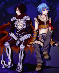 Rule 34 | 2boys, armband, armor, armored boots, assassin cross (ragnarok online), black hair, black pants, black shirt, blue eyes, blue hair, boots, brown footwear, brown gloves, brown shirt, brown shorts, closed mouth, commentary request, crop top, expressionless, fingerless gloves, full body, fur-trimmed gloves, fur-trimmed shirt, fur-trimmed shorts, fur trim, gloves, grey pants, hair between eyes, hair over one eye, looking afar, looking to the side, male focus, midriff, multiple boys, navel, open clothes, open mouth, open shirt, pants, pants under shorts, pauldrons, ragnarok online, red eyes, red scarf, scarf, shiosumi aya, shirt, shoes, short hair, shorts, shoulder armor, sitting, skull, sleeveless, sleeveless shirt, sniper (ragnarok online), torn clothes, torn scarf, two-tone gloves, two-tone shirt, vambraces