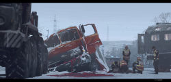 Rule 34 | 4boys, absurdres, accident, ambulance, beanie, blood, car crash, chinese commentary, coat, commentary request, grey sky, haguruma c, hat, highres, ice, knit hat, letterboxed, motor vehicle, multiple boys, original, outdoors, overcast, sky, snow, sweater, transmission tower, truck, winter clothes, winter coat, wreckage