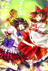 Rule 34 | &gt;:d, 2girls, :d, bobby socks, bow, breasts, brown hair, cone horns, detached sleeves, dress, evil smile, gohei, hair bow, hair ribbon, hair tubes, hakurei reimu, horns, jumping, kijin seija, kutsuki kai, large bow, miracle mallet, multicolored hair, multiple girls, open mouth, parted lips, red eyes, ribbon, short hair, smile, socks, streaked hair, surprised, touhou, v-shaped eyebrows, wide-eyed