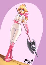 Rule 34 | 1girl, absurdres, artist name, aspidart, axe, blonde hair, bodysuit, breasts, cleavage, highres, large breasts, legs, lipstick, looking at viewer, makeup, mario (series), nintendo, pink lips, princess, princess peach, serious, the super mario bros. movie, thighs, unzipping, weapon