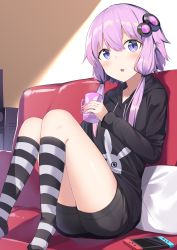 Rule 34 | 1girl, :o, blush, couch, cup, grey shorts, hair between eyes, hair ornament, highres, holding, holding cup, hood, hoodie, indoors, knees together feet apart, long hair, long sleeves, low twintails, nintendo switch, open mouth, pillow, purple eyes, purple hair, short hair with long locks, shorts, sitting, socks, solo, striped clothes, striped socks, twintails, vocaloid, voiceroid, yukarite, yuzuki yukari