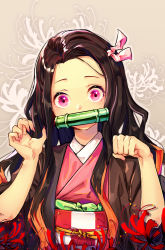Rule 34 | 1girl, bamboo, bit gag, brown background, checkered sash, commentary request, dpea9, fingernails, floral print, flower, gag, hair ribbon, hands up, highres, japanese clothes, kamado nezuko, kimetsu no yaiba, kimono, looking at viewer, mouth hold, nail polish, obi, open clothes, paw pose, pink eyes, pink kimono, pink nails, pink ribbon, red flower, ribbon, sash, sharp fingernails, short sleeves, solo, spider lily, spider lily print, wide sleeves