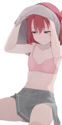 Rule 34 | 1girl, bra, breasts, clothes lift, green eyes, grey shirt, grey skirt, hair between eyes, highres, hiroki (yyqw7151), kurosawa ruby, lifted by self, love live!, love live! sunshine!!, panties, pink bra, pink panties, red hair, shirt, shirt lift, simple background, sitting, skirt, small breasts, solo, thighs, underwear, white background