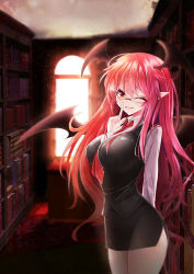 Rule 34 | 1girl, ;d, backlighting, bat wings, bespectacled, between breasts, black skirt, black vest, blush, book, bookshelf, breasts, ceiling, collared shirt, cowboy shot, dress shirt, eyebrows, fang, finger to mouth, glasses, hair between eyes, head wings, index finger raised, indoors, koakuma, large breasts, library, light particles, long hair, long sleeves, looking at viewer, miniskirt, multiple wings, necktie, necktie between breasts, one eye closed, open mouth, pencil skirt, pink hair, pointy ears, red necktie, rimless eyewear, rug, shirt, shushing, side slit, skirt, smile, solo, standing, table, thighs, touhou, very long hair, vest, white shirt, window, wings, z.o.b