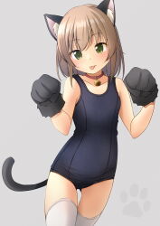 Rule 34 | 1girl, animal ear fluff, animal ears, animal hands, bare shoulders, bell, black gloves, blue one-piece swimsuit, brown hair, cat ears, cat girl, cat tail, choker, closed mouth, collarbone, commentary request, fur-trimmed gloves, fur trim, gloves, gluteal fold, green eyes, grey background, highres, jingle bell, neck bell, old school swimsuit, one-piece swimsuit, original, paw gloves, red choker, school swimsuit, shibacha, simple background, solo, standing, swimsuit, tail, thighhighs, tongue, tongue out, white thighhighs