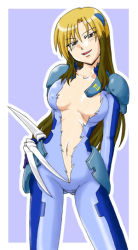 Rule 34 | 00s, 1girl, :d, arm behind back, armor, black hair, blonde hair, blue background, blue bodysuit, blush, bodysuit, breasts, breasts apart, center opening, claws, covered erect nipples, due (nanoha), faulds, framed, green hair, groin, hair between eyes, hair ornament, hairclip, hand on own hip, head tilt, large breasts, long hair, looking at viewer, lyrical nanoha, mahou shoujo lyrical nanoha, mahou shoujo lyrical nanoha strikers, midriff, multicolored hair, naughty face, navel, no bra, no panties, numbers (nanoha), open mouth, outline, outside border, parted bangs, pauldrons, shoulder armor, sidelocks, simple background, smile, solo, standing, torn bodysuit, torn clothes, two-tone hair, very long hair, weapon