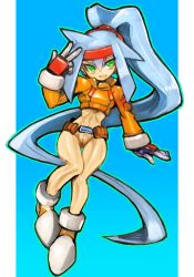 Rule 34 | 1girl, ashe (mega man), blue background, blue hair, border, bottomless, dakusuta, gloves, green eyes, hair between eyes, headband, high ponytail, highres, knees together feet apart, long hair, looking at viewer, mega man (series), mega man zx, open mouth, ponytail, pussy, simple background, smile, solo, thigh gap, third-party edit, uncensored, very long hair, white border