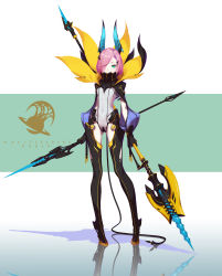Rule 34 | 1girl, absurdres, bodysuit, cable, copyright name, dual wielding, flat chest, full body, gluteal fold, green eyes, hair ornament, hair over one eye, hairclip, high collar, highres, holding, horns, pink hair, polearm, puffy sleeves, q9q, short hair, solo, spear, swept bangs, weapon