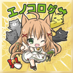 Rule 34 | 1girl, ;d, ahoge, animal, animal ears, bare shoulders, bell, bikkuriman (style), black cat, blush, book, bow, breasts, cat, cat ears, cat girl, cat tail, character name, chibi, dress, enokorogusa (flower knight girl), fang, flower knight girl, full body, hair between eyes, hair ornament, holding, holding book, jingle bell, light brown hair, long hair, looking at viewer, medium breasts, one eye closed, open book, open mouth, outstretched arm, parody, pointing, pointing at viewer, red bow, ri-net, sleeveless, sleeveless dress, smile, solo, tail, tail bell, tail bow, tail ornament, very long hair, white dress, wrist cuffs, x hair ornament