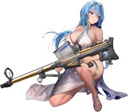Rule 34 | 1girl, alternate costume, anti-materiel rifle, armlet, bare shoulders, blue eyes, blue hair, braid, breasts, cleavage, collarbone, dress, earrings, female focus, full body, goddess of victory: nikke, gun, hair ornament, helm (chandelier) (nikke), helm (nikke), highres, holding, holding gun, holding weapon, jewelry, kkuem, kneeling, large breasts, long hair, matching hair/eyes, necklace, official art, on one knee, rifle, shiny skin, side slit, simple background, sleeveless, sleeveless dress, sniper rifle, solo, thigh strap, thighs, toeless footwear, toes, weapon, white background