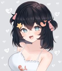 Rule 34 | 1girl, absurdres, aqua eyes, arms at sides, bare shoulders, black hair, blush, breasts, camisole, cleavage, collarbone, crossed bangs, fang, frilled shirt, frills, hair between eyes, hair ornament, heart, heart background, highres, large breasts, looking at viewer, medium hair, noot (vtuber), open mouth, shirt, shrimp, shrimp hair ornament, skin fang, sky above me, smile, solo, star (symbol), star hair ornament, two side up, upper body, vdonburi, virtual youtuber, white shirt