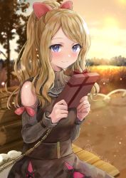 Rule 34 | 1girl, bag, bare shoulders, blonde hair, blurry, blurry background, blush, box, brown dress, closed mouth, clothing cutout, commentary request, creatures (company), dress, eyelashes, fujimori shiki, game freak, gift, gift box, hands up, highres, holding, holding gift, long hair, looking at viewer, nintendo, official alternate costume, outdoors, pokemon, pokemon masters ex, ponytail, ribbon, serena (palentine&#039;s 2021) (pokemon), serena (pokemon), shoulder bag, shoulder cutout, sidelocks, sky, smile, solo, tree, valentine