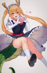 Rule 34 | 1girl, absurdres, apron, blonde hair, breasts, cetta (cettadvd), dragon girl, dragon tail, dress, hair ornament, heart, heart hands, highres, kobayashi-san chi no maidragon, large breasts, long hair, looking at viewer, maid, maid apron, necktie, open mouth, resolution mismatch, simple background, smile, solo, source smaller, tail, thighhighs, thighs, tohru (maidragon), twintails, white thighhighs, yellow eyes