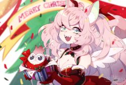 Rule 34 | 1girl, animal ears, aqua eyes, artist name, blurry, blurry background, breasts, christmas tree, cleavage, confetti, cookie hana, elbow gloves, feathered wings, gloves, long hair, merry christmas, mole, mole under eye, open mouth, original, pink hair, red gloves, shadow, smile, solo, upper body, white wings, wings
