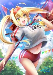 Rule 34 | 1girl, ahoge, alternate hairstyle, blonde hair, blue sky, blush, breasts, buruma, fate/extra, fate/grand order, fate (series), flag, green eyes, gu-rahamu omega x, gym shirt, hair between eyes, hair intakes, headband, highres, large breasts, long hair, looking at viewer, medal, name tag, navel, nero claudius (fate), nero claudius (fate) (all), nero claudius (fate/extra), nero claudius (olympian bloomers) (fate), official alternate costume, red buruma, red headband, shirt, sky, smile, solo, thighs, twintails