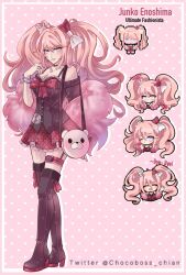 Rule 34 | 1girl, :d, alternate costume, angeliii, animal bag, bag, bare shoulders, bear bag, black footwear, blue eyes, blush, boots, bow, bra, bracelet, breasts, danganronpa: trigger happy havoc, danganronpa (series), danganronpa 3 (anime), enoshima junko, facing viewer, frilled bra, frills, fur jacket, hair bow, hair ornament, hand up, heart, high heel boots, high heels, highres, jacket, jewelry, large breasts, long hair, looking at viewer, off shoulder, open mouth, pixel art, plaid, plaid skirt, rabbit hair ornament, red bow, red skirt, shoulder bag, skirt, smile, teeth, thigh boots, twintails, underwear, white bow