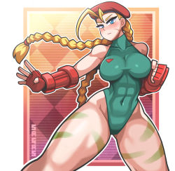 Rule 34 | 1girl, absurdres, artist name, beret, blonde hair, blue eyes, blush, braid, breasts, cammy white, capcom, covered navel, cowboy shot, fingerless gloves, gloves, green leotard, hat, highleg, highleg leotard, highres, large breasts, leotard, long hair, looking at viewer, red gloves, red hat, sagas293, solo, street fighter, thick thighs, thighs, twin braids, twintails, very long hair