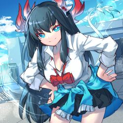 Rule 34 | 1girl, black hair, blue eyes, bow, breasts, clothes around waist, dragon girl, dragon horns, dragon tail, gin tonic (p&amp;d), highres, horns, jacket, jacket around waist, kuuron (moesann17), large breasts, long hair, pleated skirt, puzzle &amp; dragons, rooftop, school uniform, shirt tucked in, skirt, smile, solo, tail