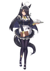 Rule 34 | 1girl, alternate costume, animal ears, apron, black dress, black hair, black pantyhose, blush, commentary, cup, dress, enmaided, hair over one eye, highres, holding, holding menu, holding tray, horse ears, horse girl, horse tail, long hair, looking at viewer, maid, maid headdress, manhattan cafe (umamusume), menu, pantyhose, short dress, simple background, smile, solo, tail, teacup, teapot, tray, umamusume, vococo, waist apron, white background, yellow eyes