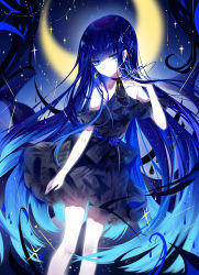 Rule 34 | 1girl, absurdres, artist name, bare shoulders, black dress, blue eyes, blue hair, blue nails, clothing cutout, crescent moon, dress, feet out of frame, hand up, highres, long hair, looking at viewer, moon, nail polish, original, sheya, short dress, shoulder cutout, signature, smile, solo, standing, very long hair