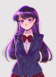 Rule 34 | 1girl, black hair, blush, bow, bowtie, breasts, closed mouth, dot mouth, grey background, highres, komi-san wa komyushou desu, komi shouko, large breasts, long hair, looking at viewer, purple eyes, red bow, red bowtie, ruinique, school uniform, simple background, solo, swept bangs