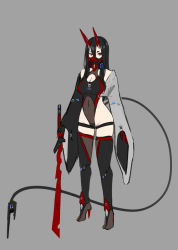 Rule 34 | 1girl, black hair, black thighhighs, breasts, cable, cable tail, cleavage, cleavage cutout, clothing cutout, commentary, covered navel, detached sleeves, full body, grey background, hair between eyes, hayabusa (vert 320), high heels, highres, holding, holding sword, holding weapon, horns, leotard, long hair, long sleeves, long tail, looking at viewer, mask, mechanical sword, mechanical tail, mole, mole on breast, mouth mask, oni, original, simple background, solo, standing, sword, symbol-only commentary, tail, thighhighs, weapon, wide sleeves