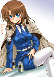Rule 34 | 1girl, beer can, blue eyes, blush, brown hair, can, drink can, formal, jacket, jacket on shoulders, long hair, looking at viewer, lyrical nanoha, mahou senki lyrical nanoha force, military, military uniform, necktie, pantyhose, pencil skirt, san-pon, sitting, skirt, skirt suit, smile, solo, suit, sweatdrop, translation request, uniform, white pantyhose, yagami hayate