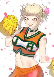 Rule 34 | 1girl, bare shoulders, blonde hair, blush, boku no hero academia, breasts, chibi 228, choker, cleavage, collarbone, commentary, commentary request, confetti, crop top, groin, heart, highres, looking at viewer, medium breasts, messy hair, midriff, navel, orange skirt, pom pom (cheerleading), shiny skin, shirt, simple background, skirt, sleeveless, smile, solo, stomach, toga himiko, tongue, tongue out, u.a. cheerleader uniform, yellow eyes